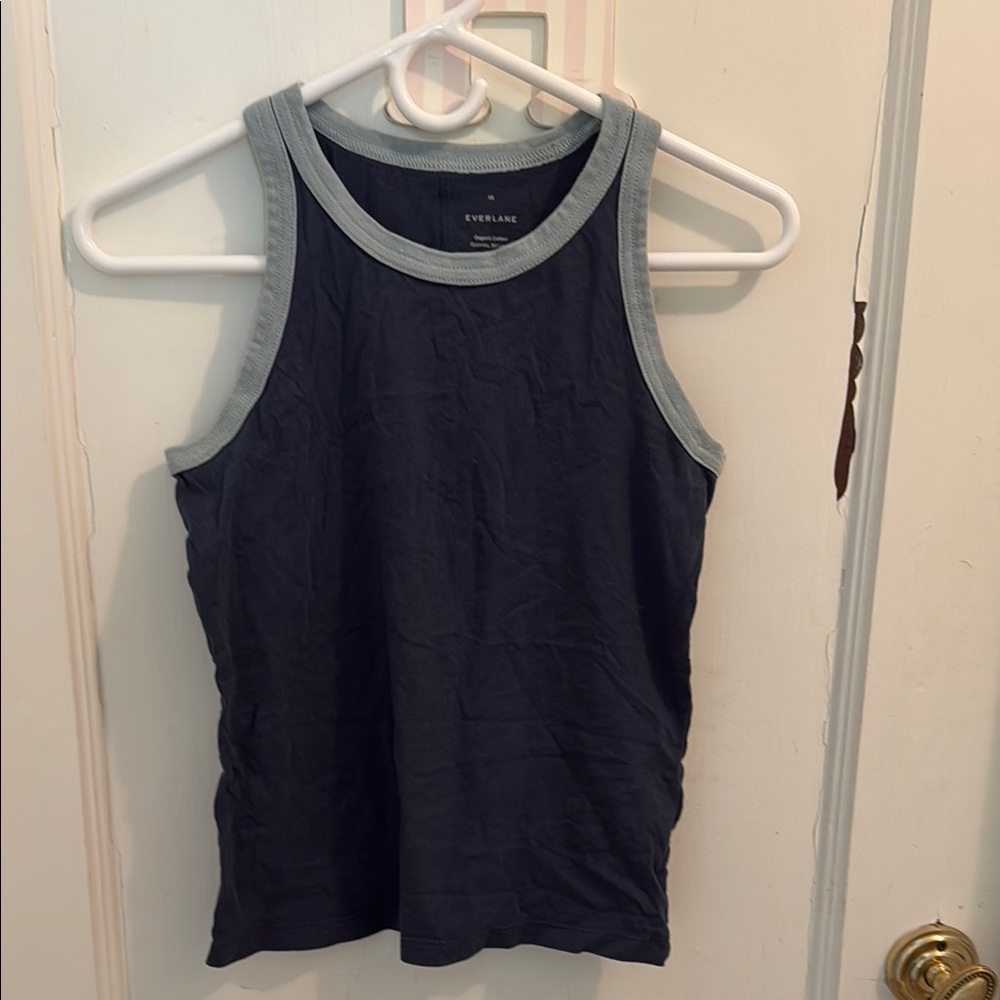 Everlane The Tank in Essential Cotton, navy with light blue trim